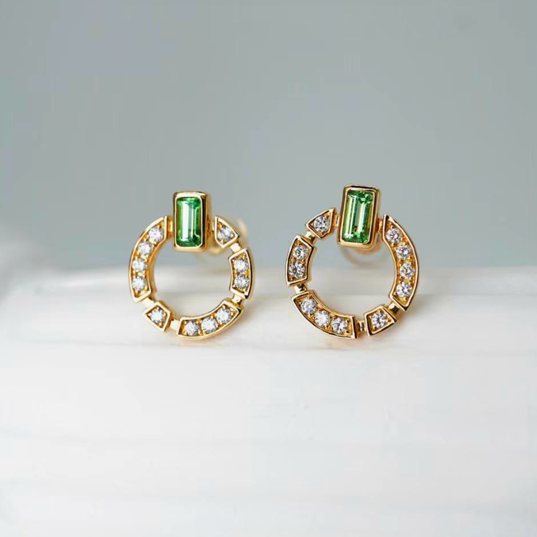 Circle Modeling Tsavorite Natural Diamond Women Earrings Stud 14K